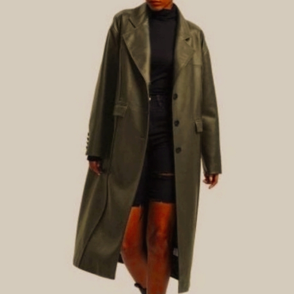 Faux Leather Trench Coat with Pinched Pleats (Olive Green) - DEPT ANONYM - Picture 4 of 8